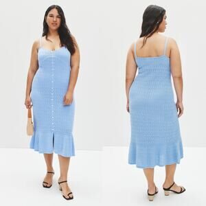 10 Crosby Derek Lam Crochet Flare Dress Sleeveless Button Front Midi Blue Large